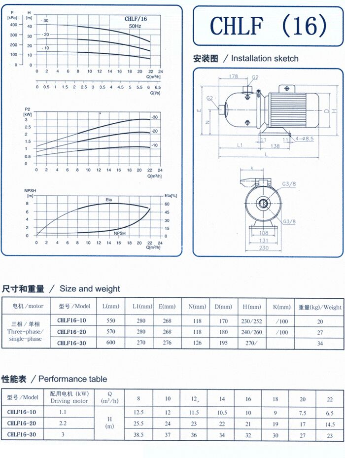 CHLF輕型立式不銹鋼多級離心泵安裝圖、尺寸、性能